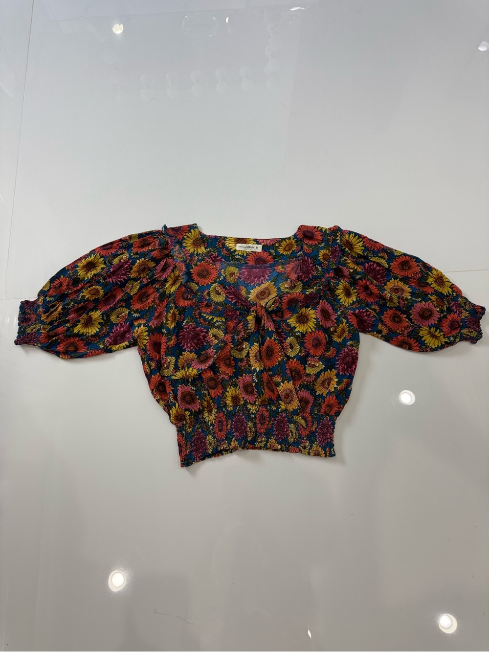 NATURAL LIFE Multicolor Floral Puff-Sleeve Crop Top